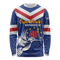 Unisex long-sleeve shirt in blue with Cape Verde graphic front and chevron stripes