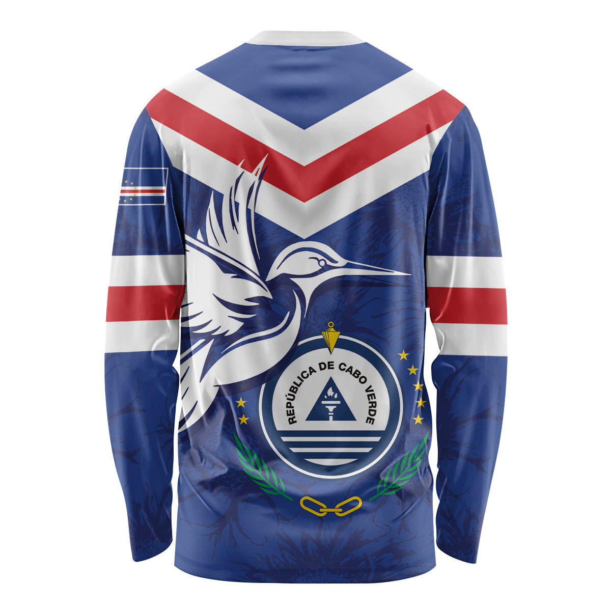 Unisex long-sleeve shirt in blue with back dove emblem and chevron flag stripes