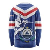 Unisex long-sleeve shirt in blue with back dove emblem and chevron flag stripes