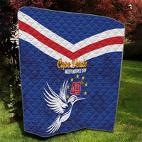 Blue Cape Verde Independence Day quilt with diagonal flag stripes and bird graphic