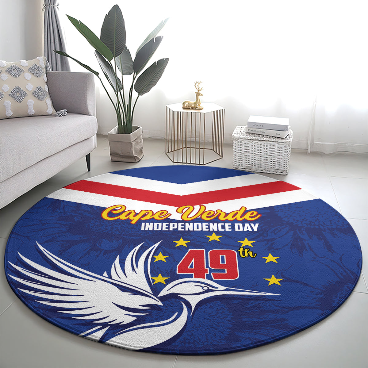 Blue round rug with Cape Verde Independence Day banner, bird, stars and central 49 print