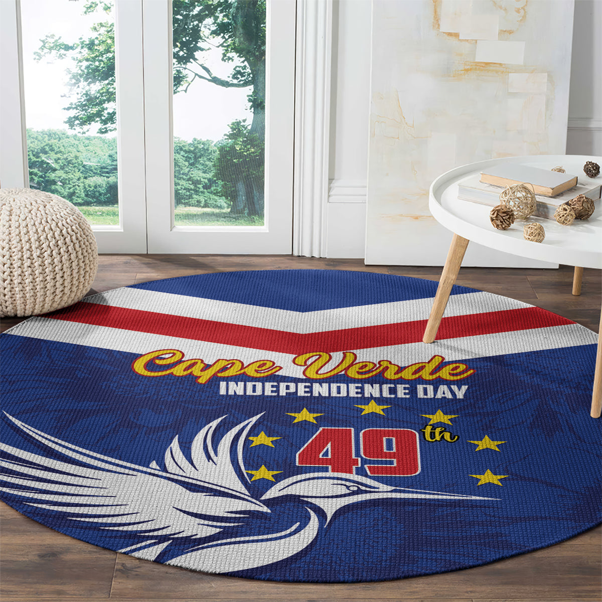 Blue round rug with red-and-white stripe, Cape Verde text, bird and stars, 49 print