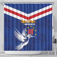 Blue shower curtain with red-and-white chevron stripes and Cape Verde Independence Day 49