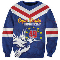 Blue unisex sweatshirt with Cape Verde Independence Day print, dove, stars, 49th