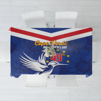 Blue tablecloth with Cape Verde Independence Day text and 49th emblem