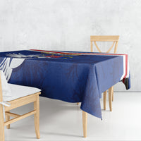 Blue tablecloth with flag stripes and white dove motif for Independence Day
