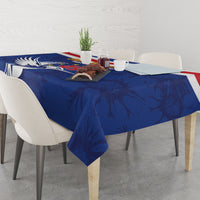 Blue tablecloth with red-white stripe border and white dove wings pattern