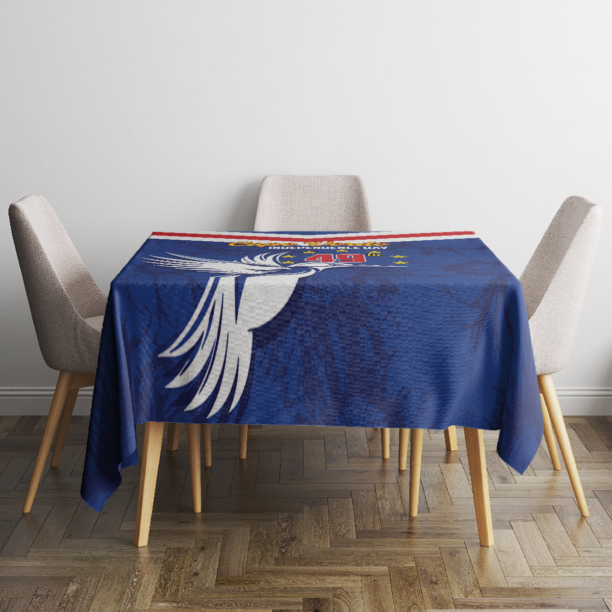 Blue square tablecloth with bold flag stripe band and dove graphic