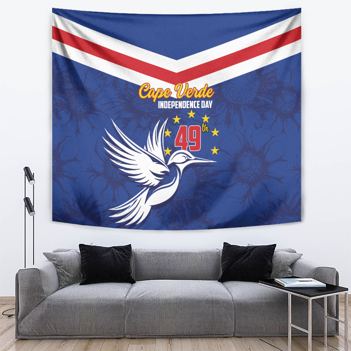 Cape Verde Independence Day wall tapestry with dove, chevron stripes, and 49 stars