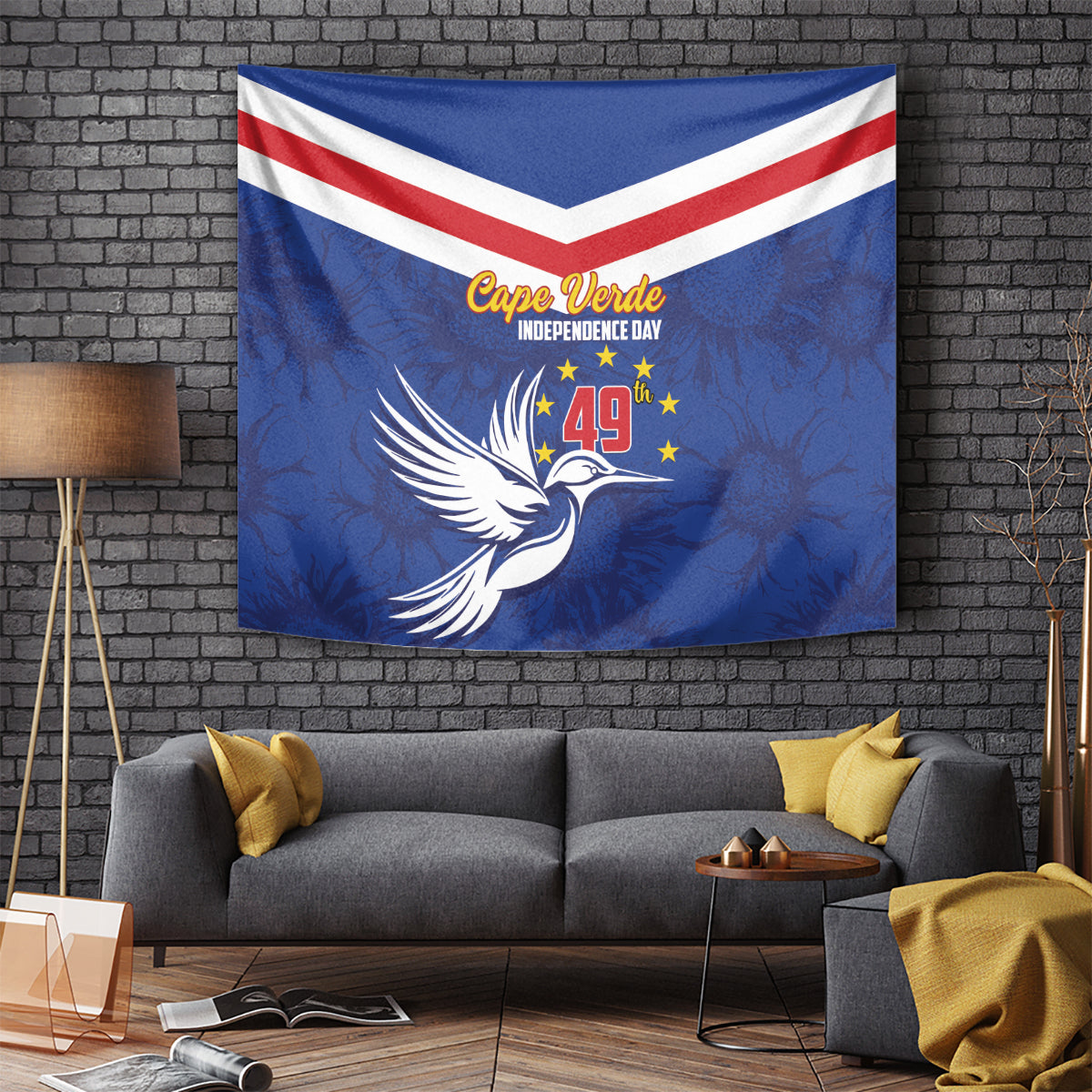 Cape Verde Independence Day tapestry, blue with red-and-white chevron and white dove