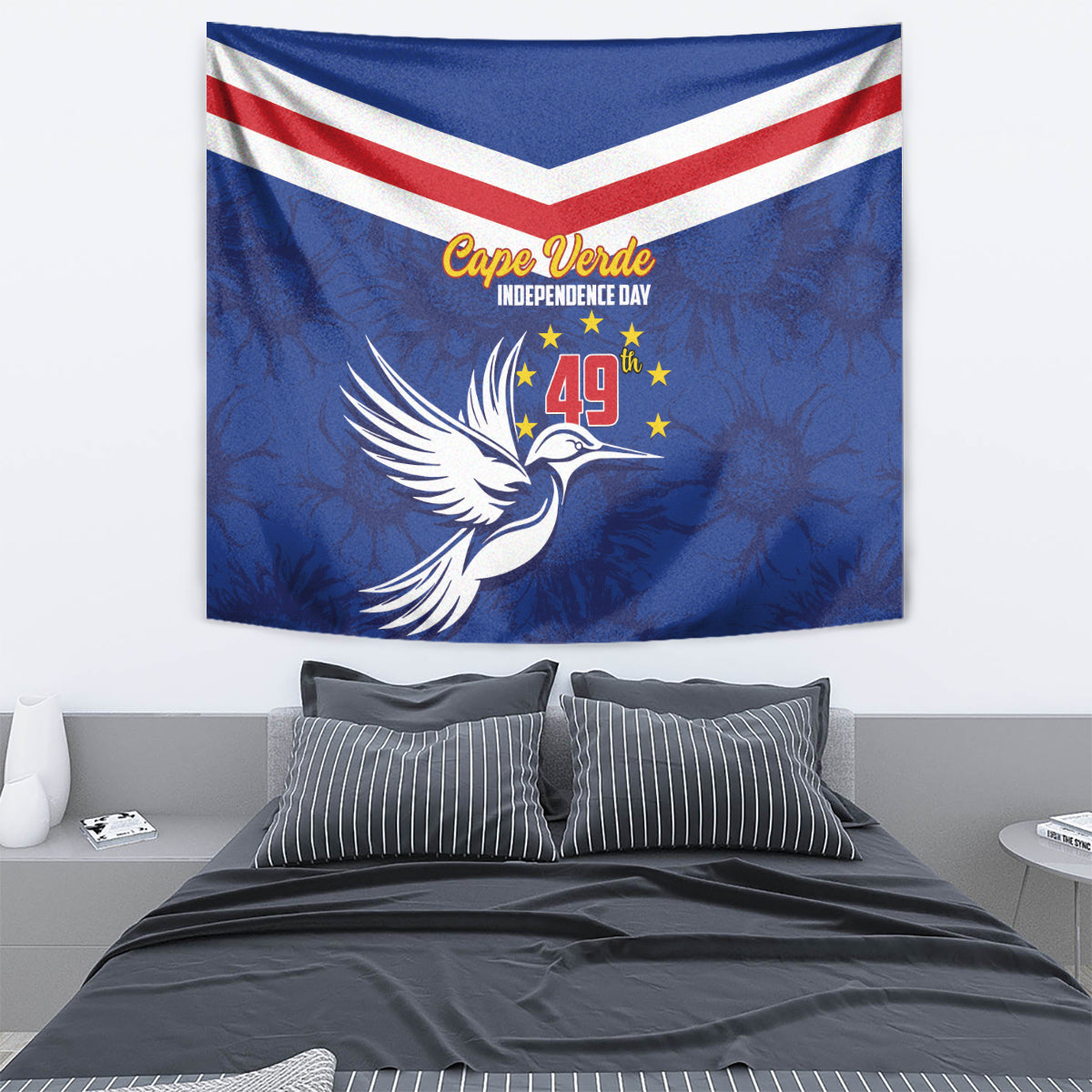 Cape Verde Independence Day tapestry, blue background with white dove and red-and-white stripes