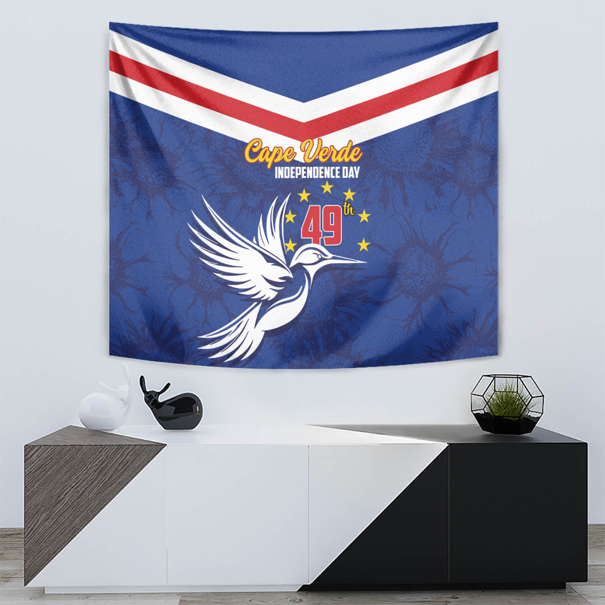 Cape Verde Independence Day tapestry, blue design with chevron stripes, dove and 49 stars