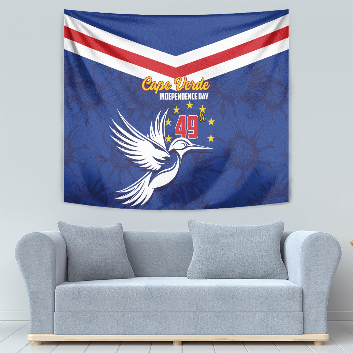 Cape Verde Independence Day tapestry with dove graphic and red 49 emblem on blue