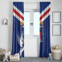 Blue window curtain panels with Cape Verde Independence Day bird and flag stripes
