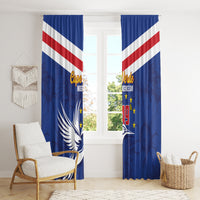 Blue window curtain pair with Cape Verde Independence Day flag design, centered on window