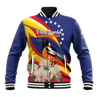 Unisex blue baseball jacket with button front, striped ribbed cuffs, bird and flower graphic