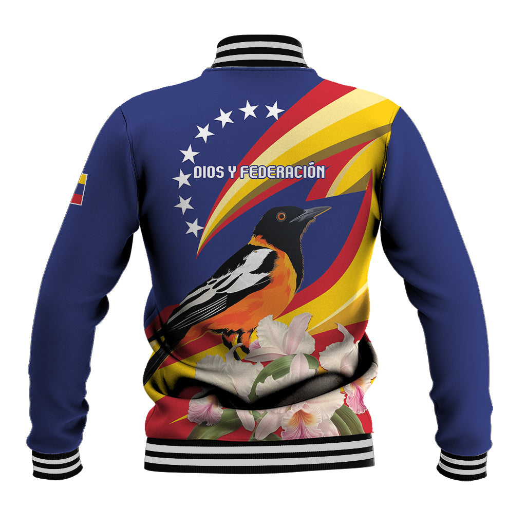 Unisex blue baseball jacket back with ribbed collar, bird artwork, flowers and flag design