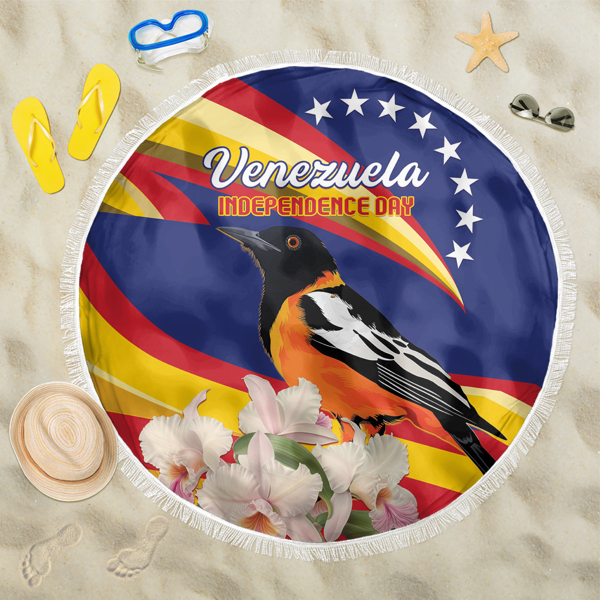 Venezuela Independence Day Beach Blanket Venezuelan Troupial Cattleya Mossiae - Wonder Print Shop