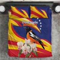 Venezuela flag bedding set with blue ground, bird graphic, flowers, and 2 matching pillowcases