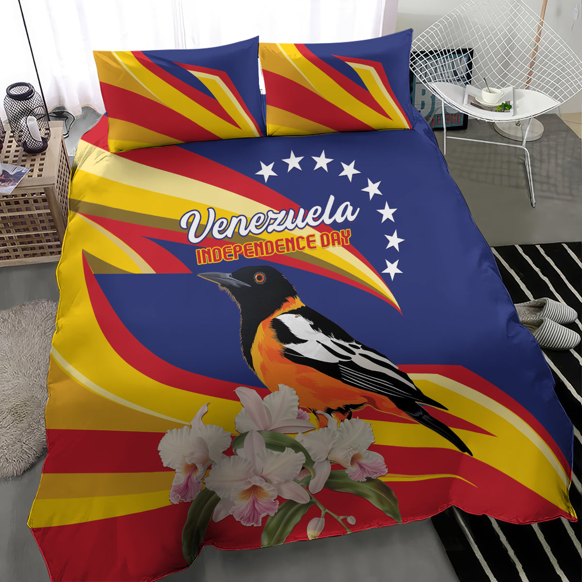 Venezuela Independence Day duvet cover with bird and flower print, two coordinated pillowcases