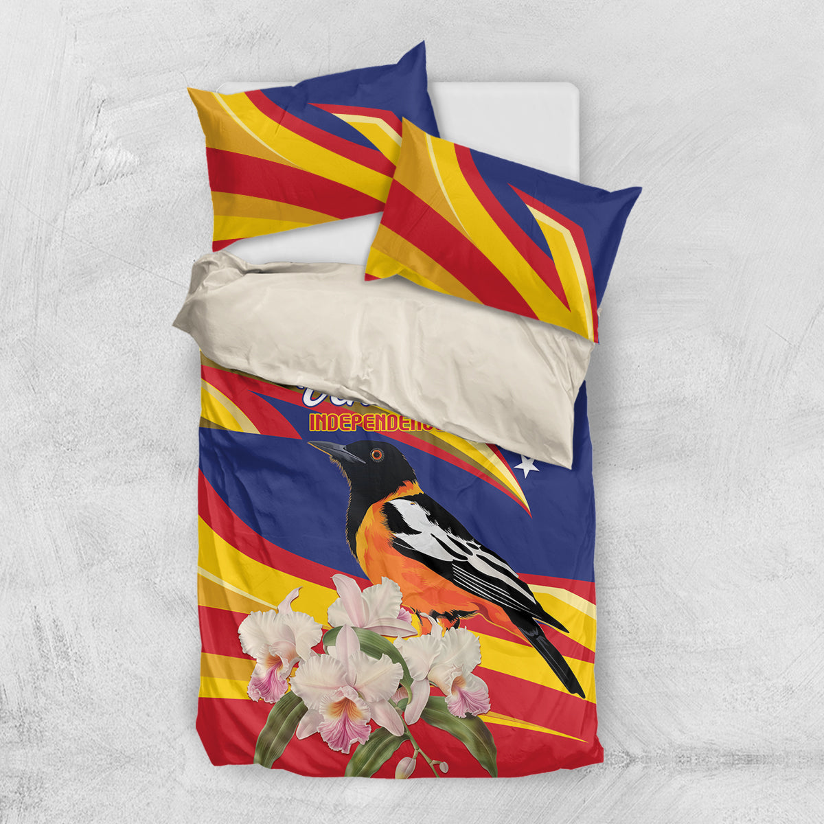 Flat-lay view of Venezuela Independence Day bedding set with bird and flower design, 2 pillowcases