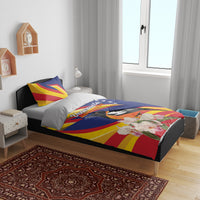 Venezuela Independence Day bedding set with blue flag background, bird graphic, and floral motif