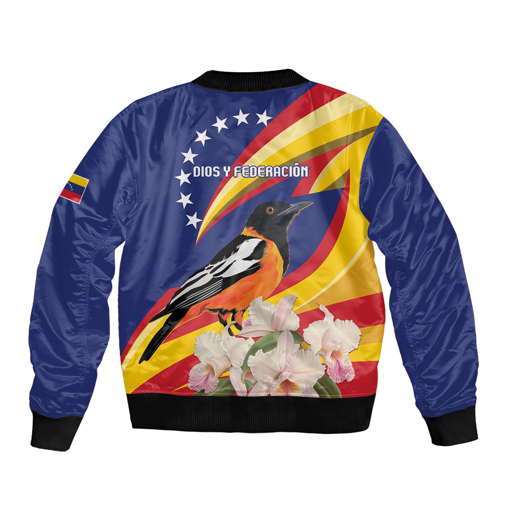 Blue bomber jacket back with flag, bird graphic, white flowers, ribbed hem and cuffs