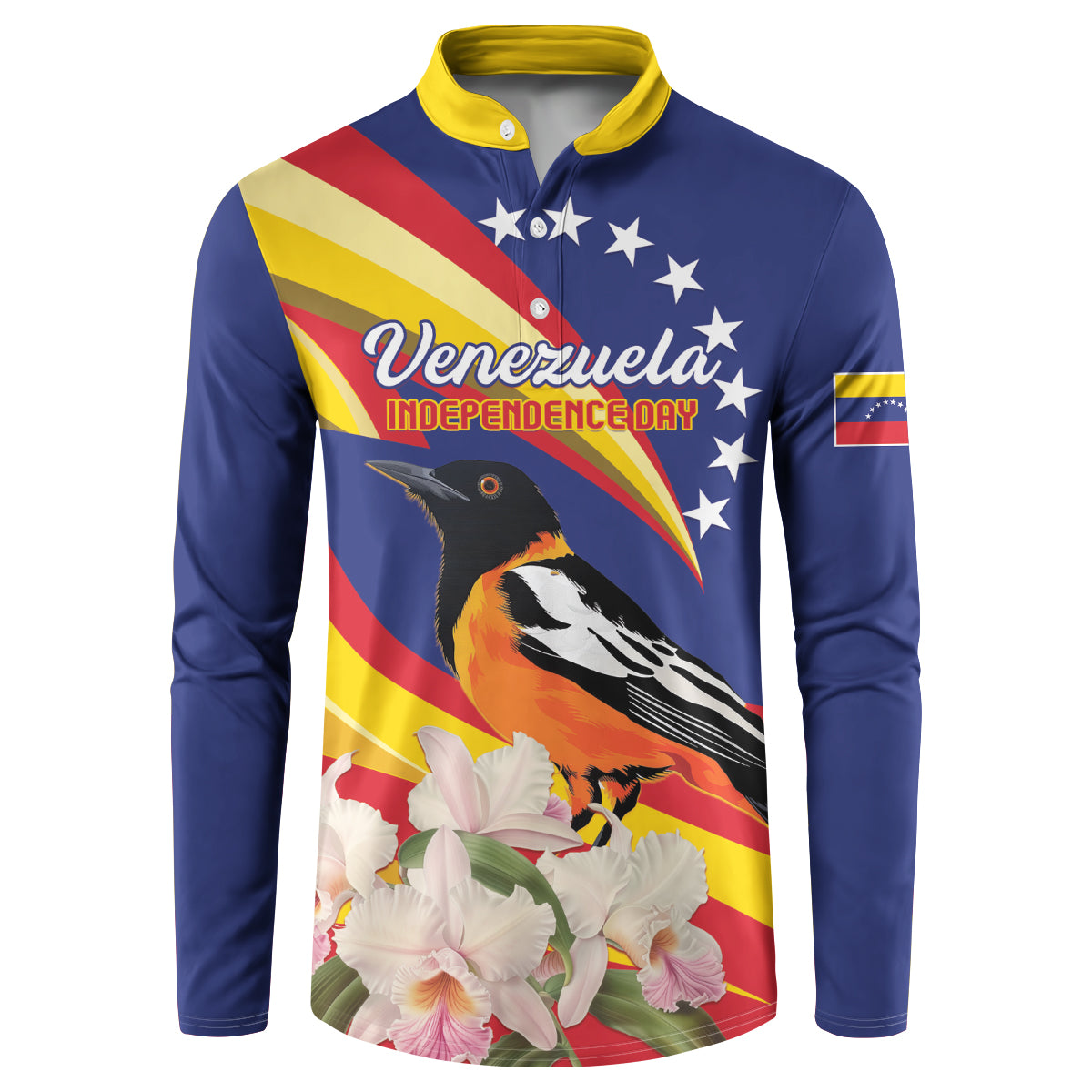 Blue button sweatshirt with yellow collar; front text "Venezuela Independence Day" with bird and flowers