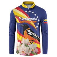 Blue button sweatshirt with yellow collar; front text "Venezuela Independence Day" with bird and flowers