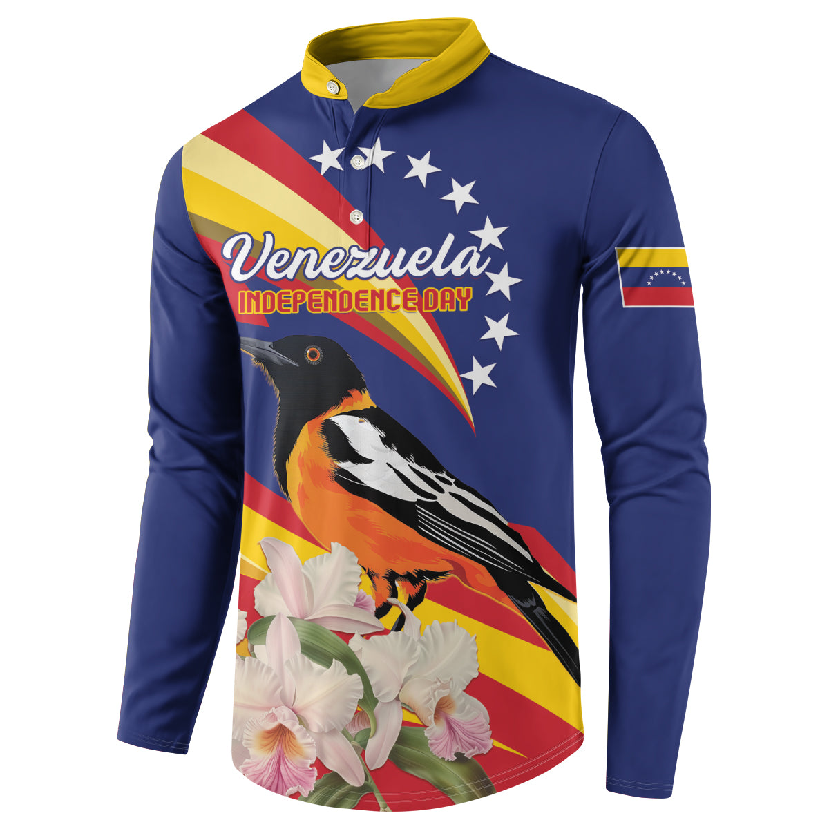 Blue button sweatshirt with yellow collar; angled front print of "Venezuela Independence Day" with bird