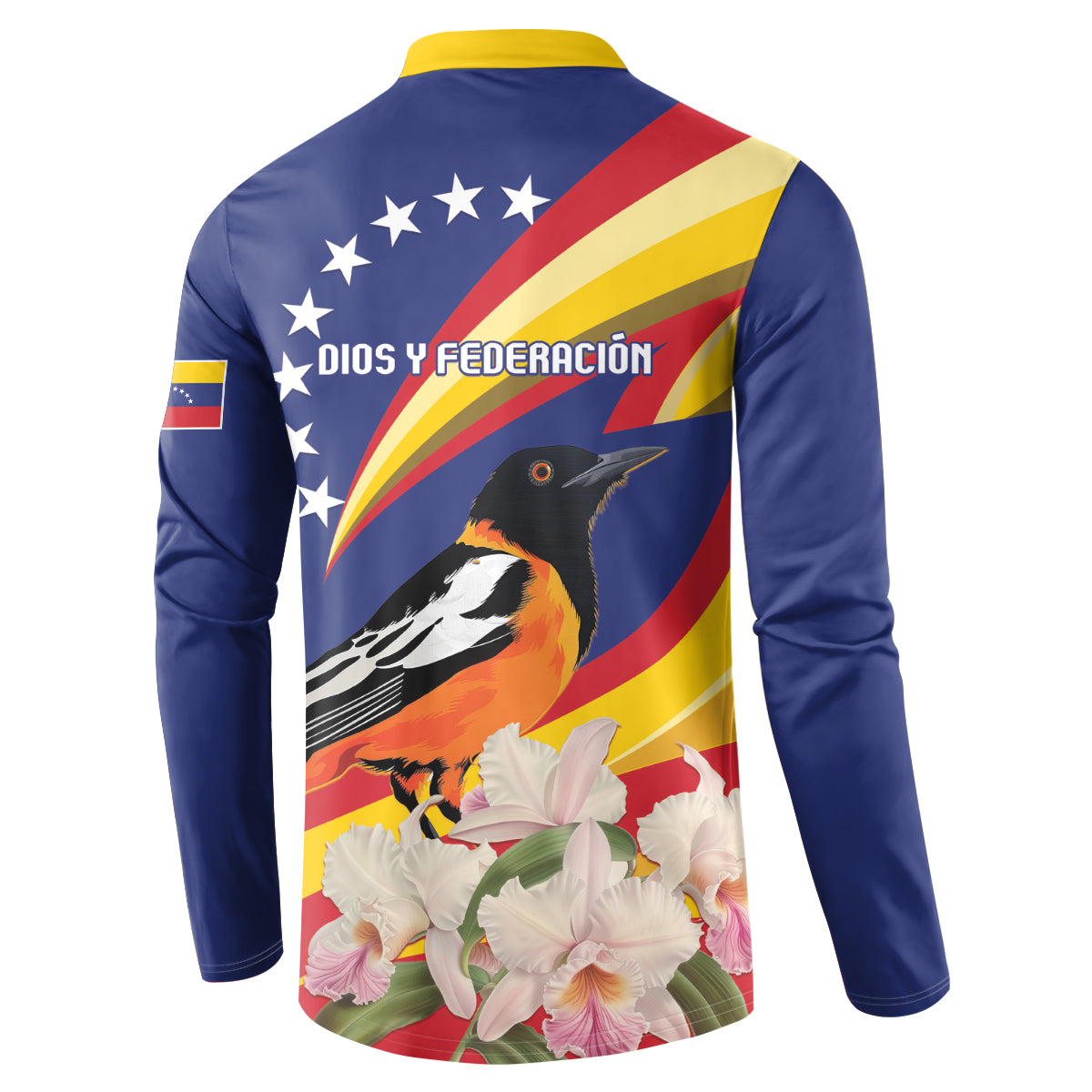 Blue button sweatshirt with yellow collar; back graphic with bird, stars, rainbow flag stripes, flowers