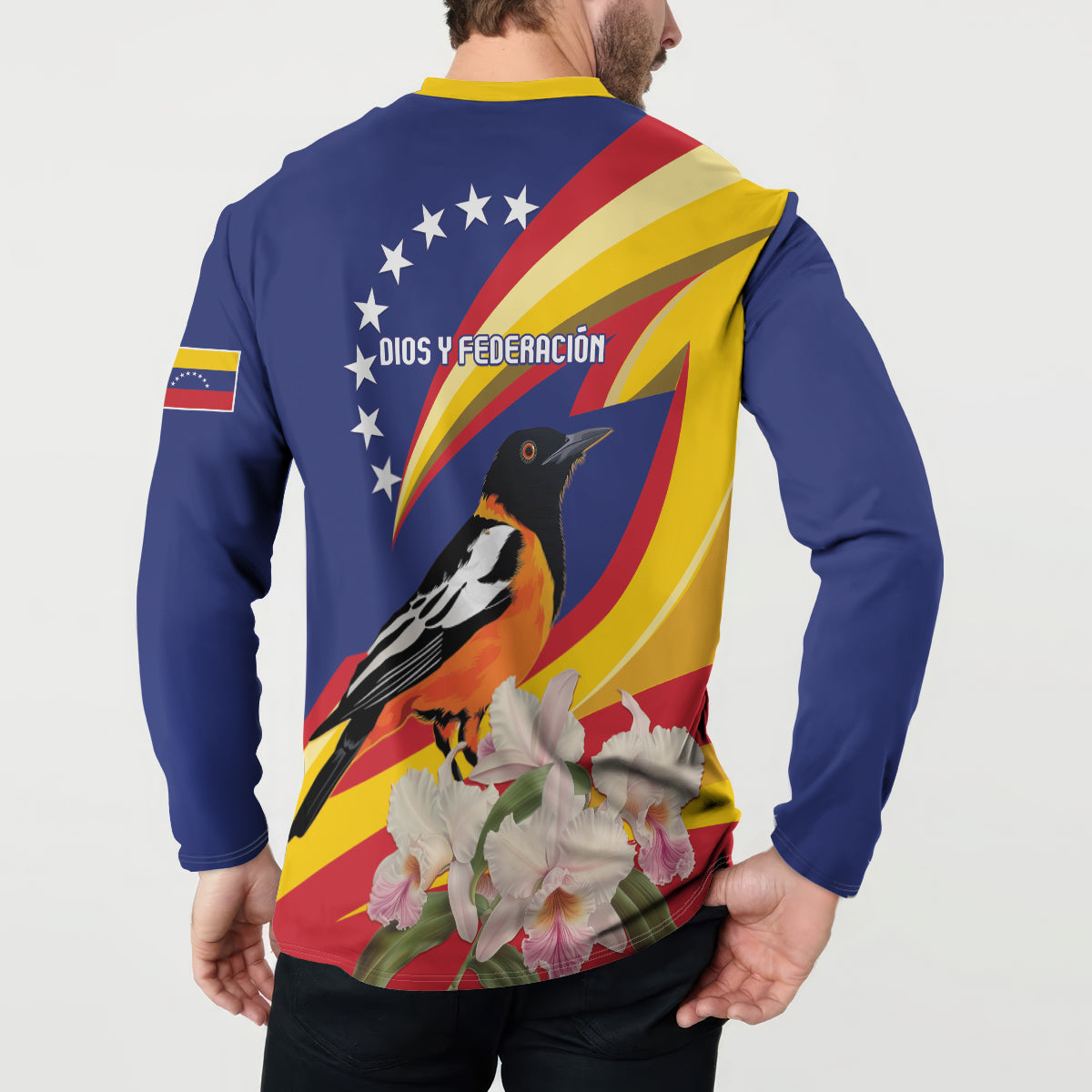 Blue button sweatshirt with yellow collar; rear design shows bird, stars, diagonal flag stripes, flowers