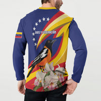 Blue button sweatshirt with yellow collar; rear design shows bird, stars, diagonal flag stripes, flowers