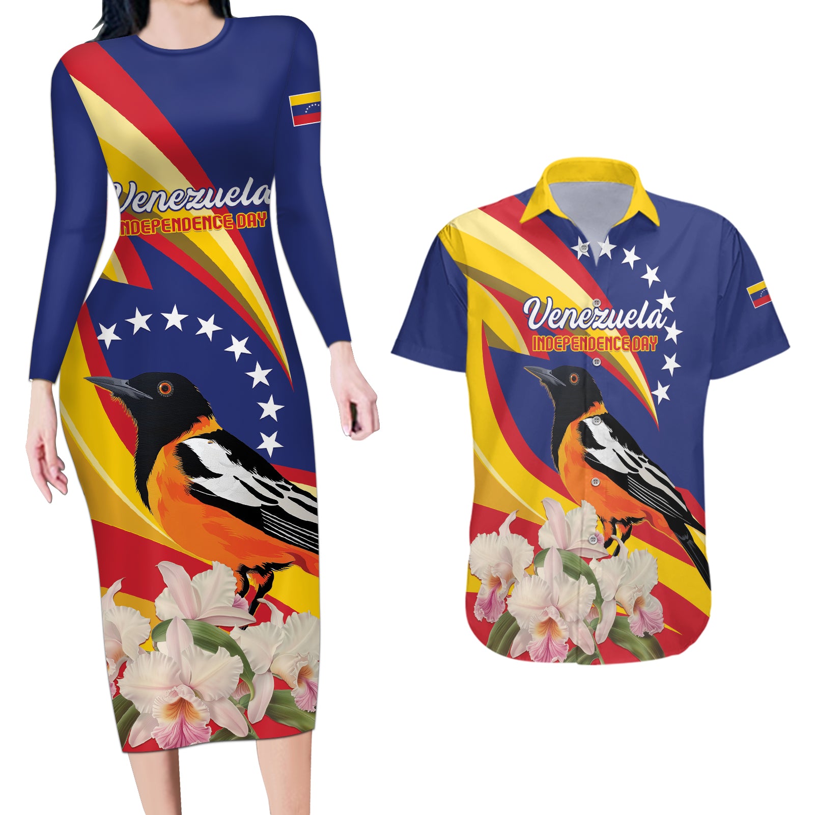 Venezuela Independence Day Couples Matching Long Sleeve Bodycon Dress and Hawaiian Shirt Venezuelan Troupial Cattleya Mossiae - Wonder Print Shop