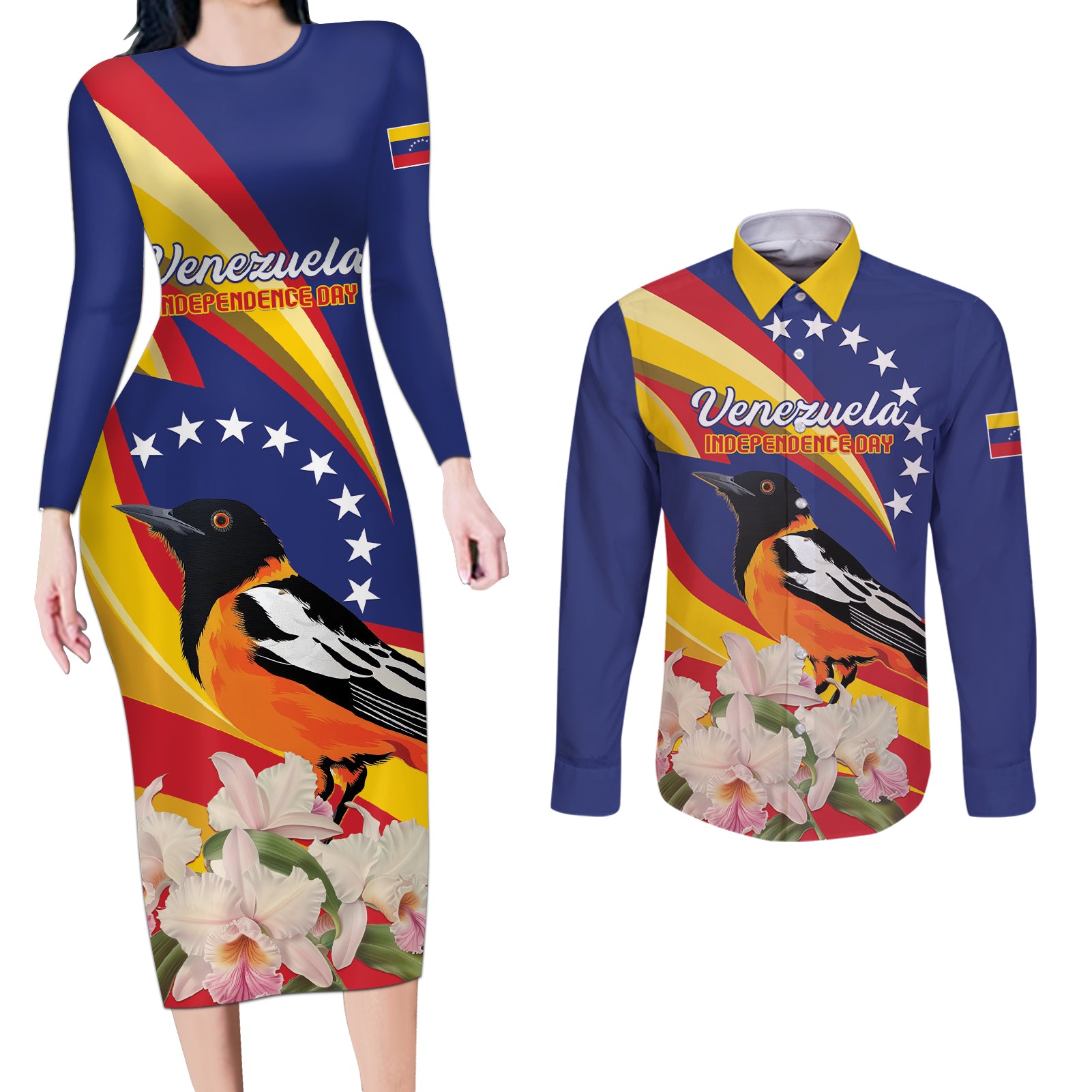 Venezuela Independence Day Couples Matching Long Sleeve Bodycon Dress and Long Sleeve Button Shirt Venezuelan Troupial Cattleya Mossiae - Wonder Print Shop