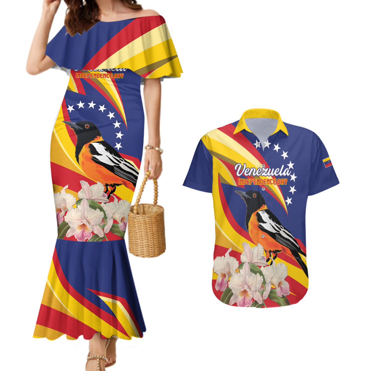 Venezuela Independence Day Couples Matching Mermaid Dress and Hawaiian Shirt Venezuelan Troupial Cattleya Mossiae - Wonder Print Shop