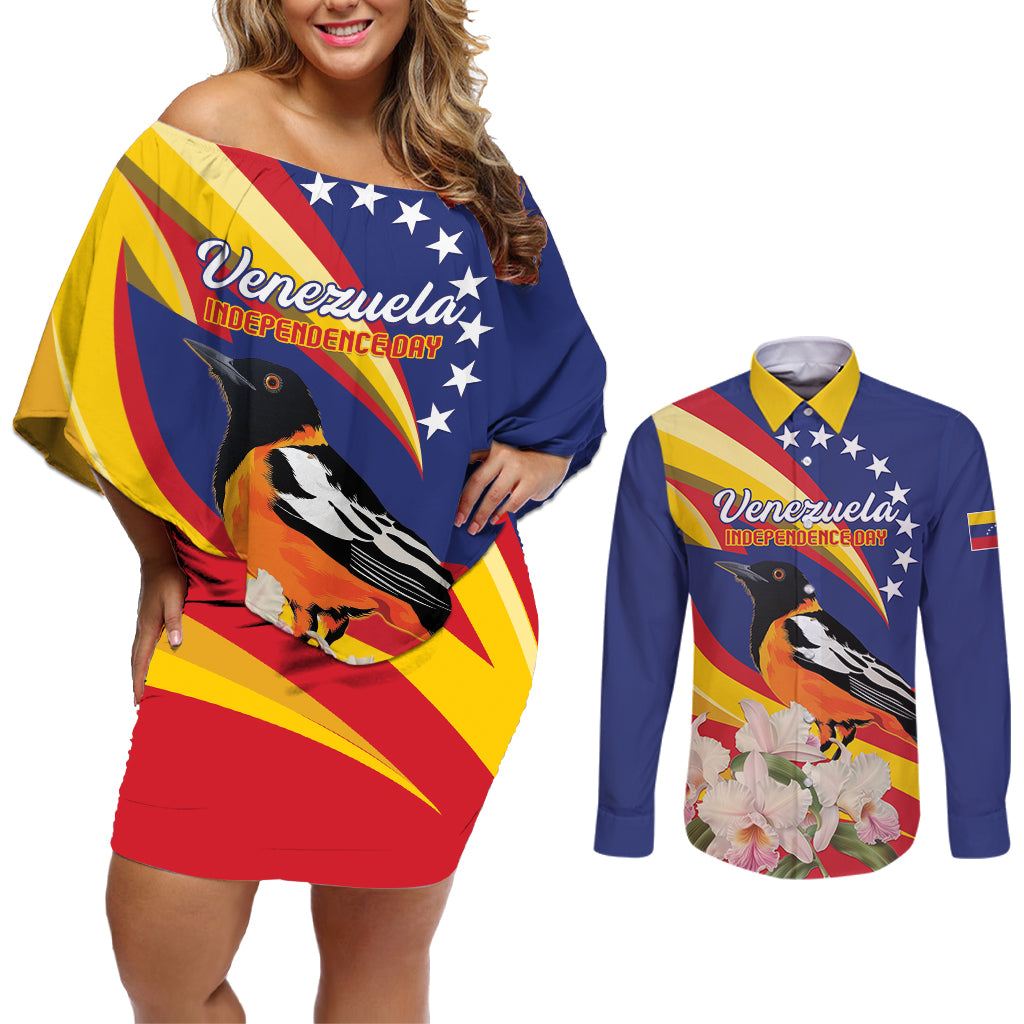 Venezuela Independence Day Couples Matching Off Shoulder Short Dress and Long Sleeve Button Shirt Venezuelan Troupial Cattleya Mossiae - Wonder Print Shop