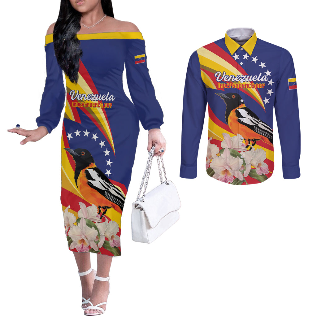 Venezuela Independence Day Couples Matching Off The Shoulder Long Sleeve Dress and Long Sleeve Button Shirt Venezuelan Troupial Cattleya Mossiae