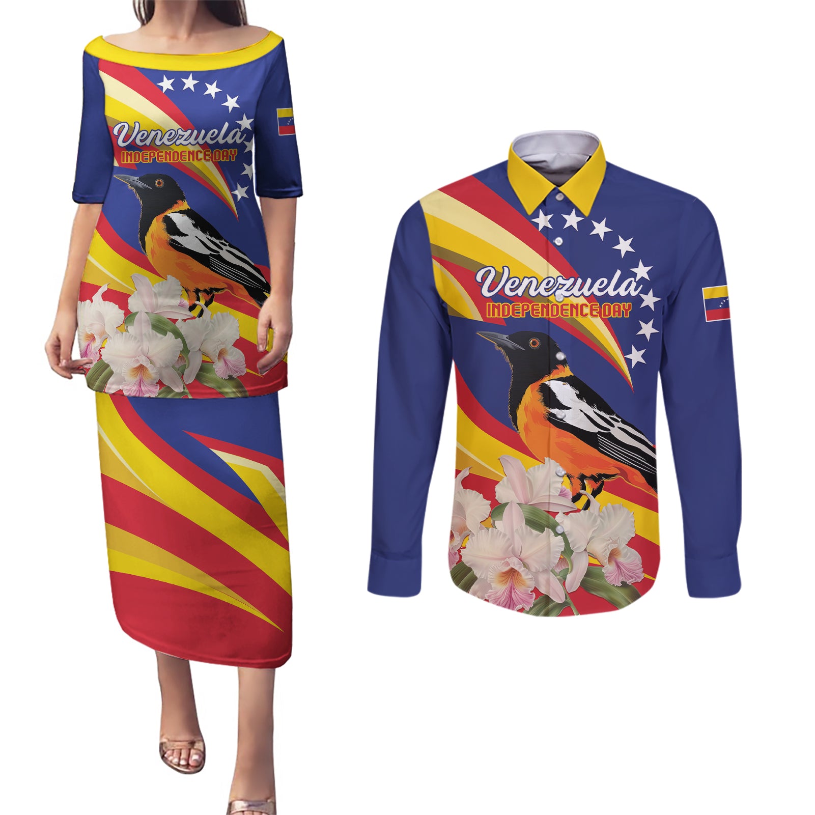 Venezuela Independence Day Couples Matching Puletasi and Long Sleeve Button Shirt Venezuelan Troupial Cattleya Mossiae - Wonder Print Shop