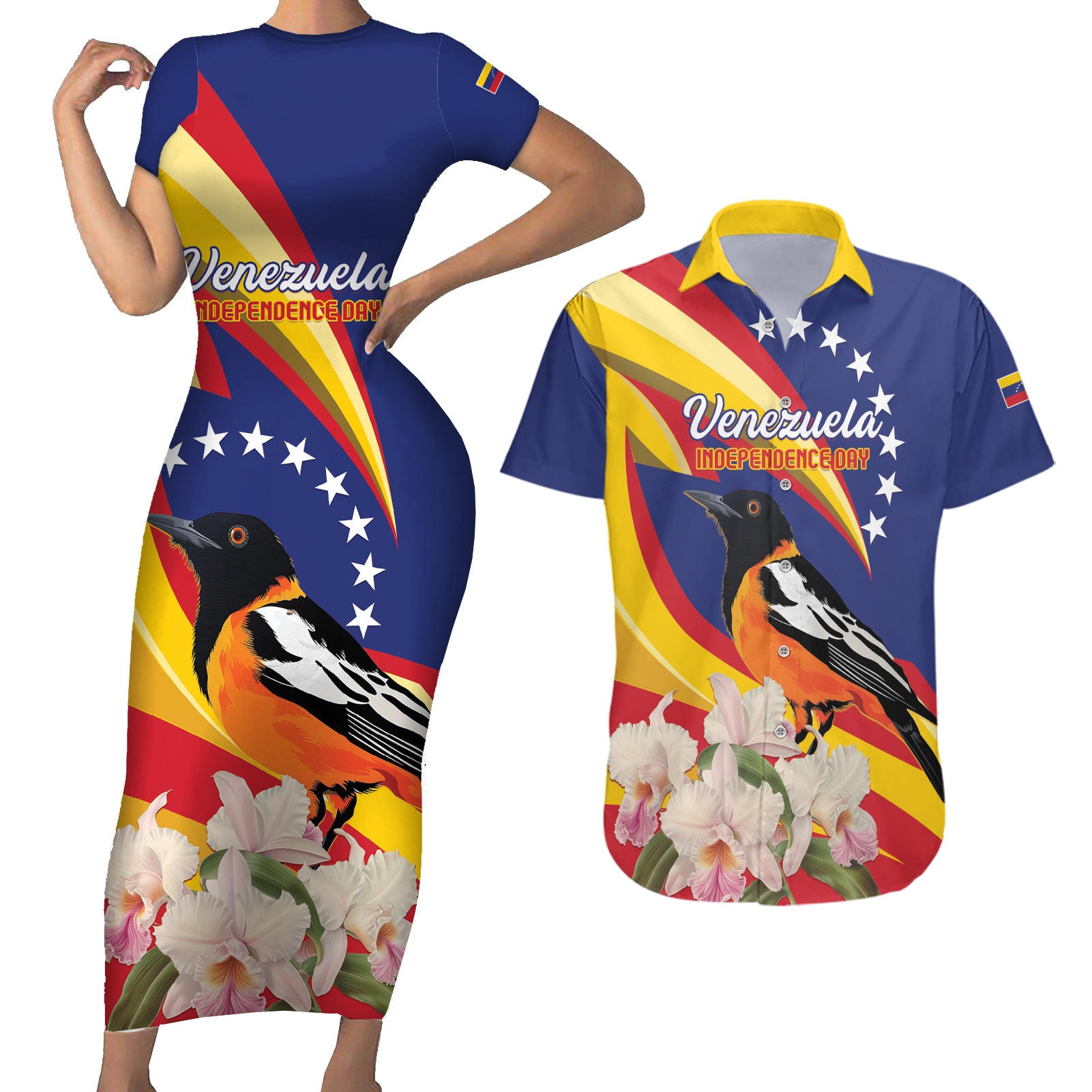 Venezuela Independence Day Couples Matching Short Sleeve Bodycon Dress and Hawaiian Shirt Venezuelan Troupial Cattleya Mossiae - Wonder Print Shop