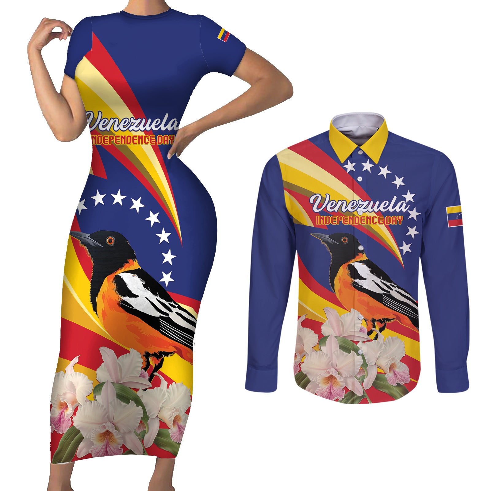 Venezuela Independence Day Couples Matching Short Sleeve Bodycon Dress and Long Sleeve Button Shirt Venezuelan Troupial Cattleya Mossiae - Wonder Print Shop