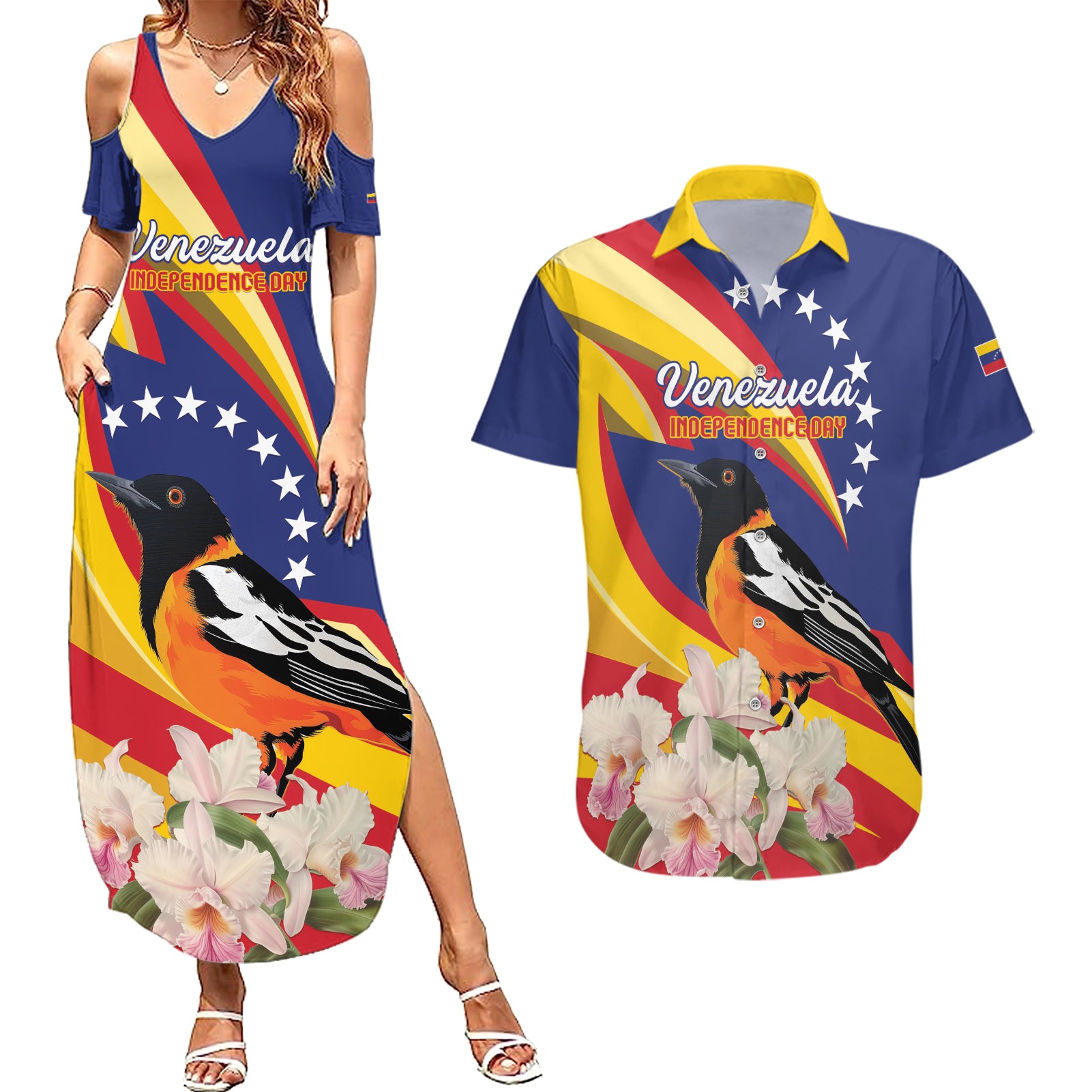 Venezuela Independence Day Couples Matching Summer Maxi Dress and Hawaiian Shirt Venezuelan Troupial Cattleya Mossiae - Wonder Print Shop