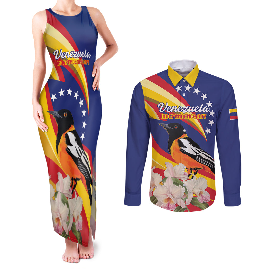 Venezuela Independence Day Couples Matching Tank Maxi Dress and Long Sleeve Button Shirt Venezuelan Troupial Cattleya Mossiae - Wonder Print Shop