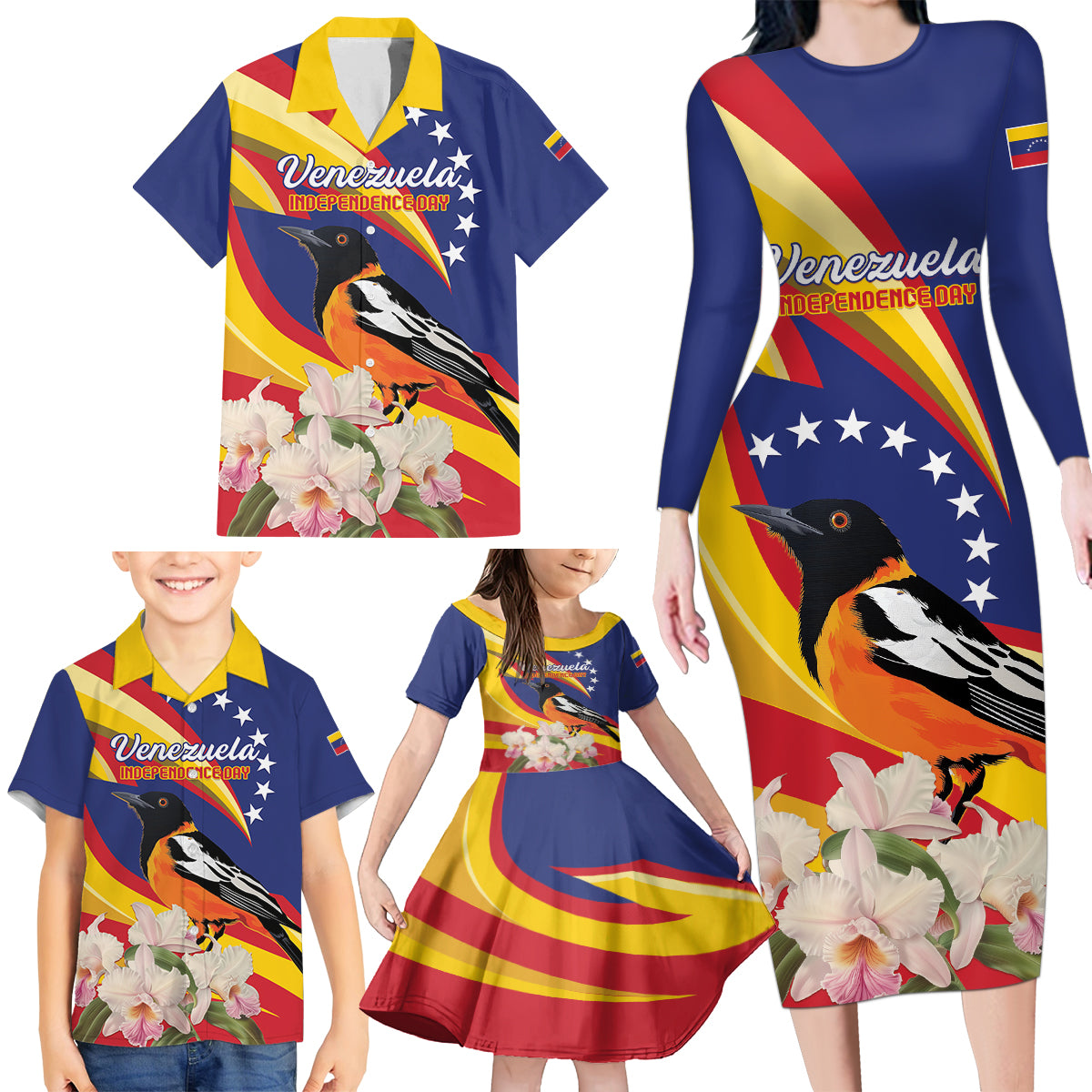 Venezuela Independence Day Family Matching Long Sleeve Bodycon Dress and Hawaiian Shirt Venezuelan Troupial Cattleya Mossiae - Wonder Print Shop