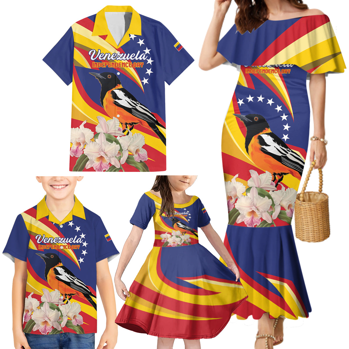 Venezuela Independence Day Family Matching Mermaid Dress and Hawaiian Shirt Venezuelan Troupial Cattleya Mossiae - Wonder Print Shop