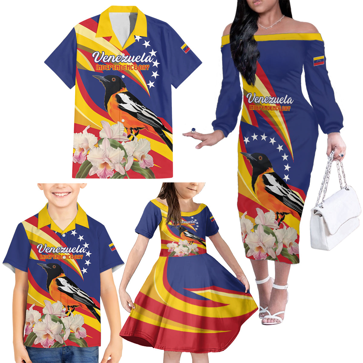 Venezuela Independence Day Family Matching Off The Shoulder Long Sleeve Dress and Hawaiian Shirt Venezuelan Troupial Cattleya Mossiae - Wonder Print Shop