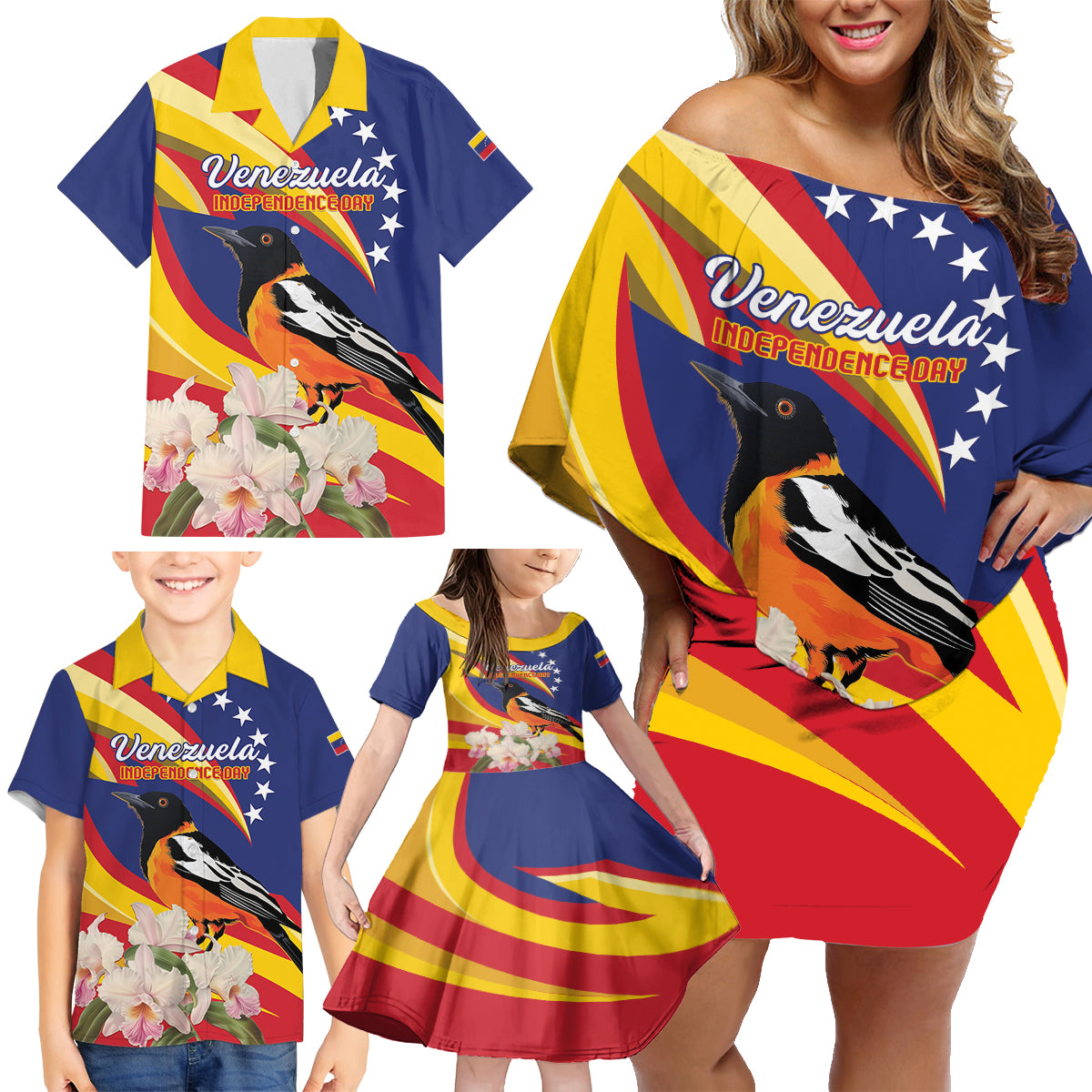 Venezuela Independence Day Family Matching Off Shoulder Short Dress and Hawaiian Shirt Venezuelan Troupial Cattleya Mossiae - Wonder Print Shop