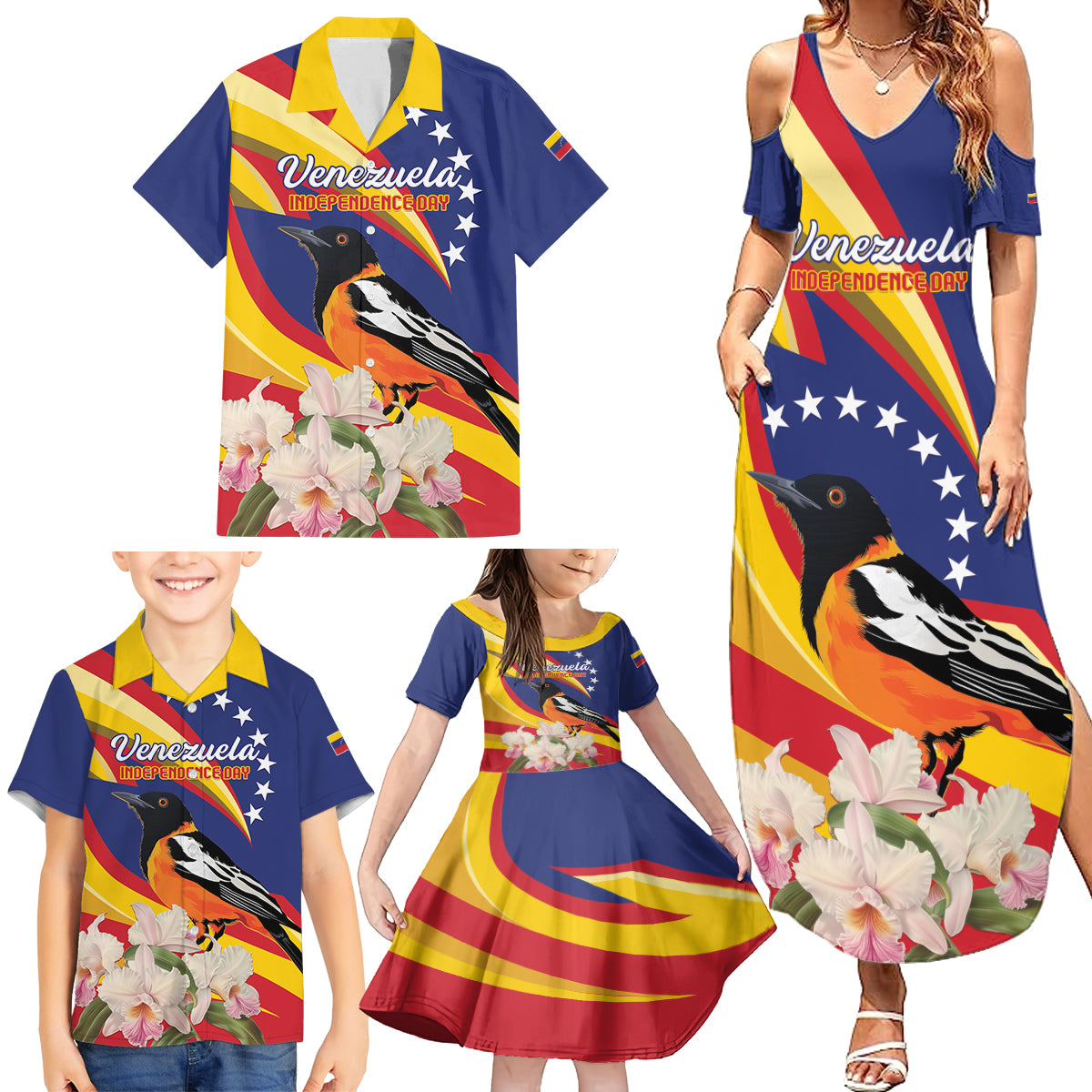 Venezuela Independence Day Family Matching Summer Maxi Dress and Hawaiian Shirt Venezuelan Troupial Cattleya Mossiae - Wonder Print Shop