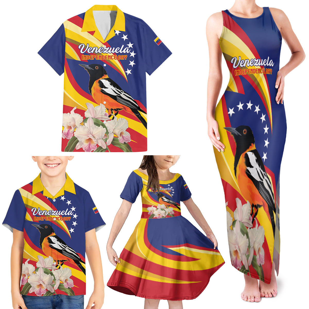 Venezuela Independence Day Family Matching Tank Maxi Dress and Hawaiian Shirt Venezuelan Troupial Cattleya Mossiae - Wonder Print Shop