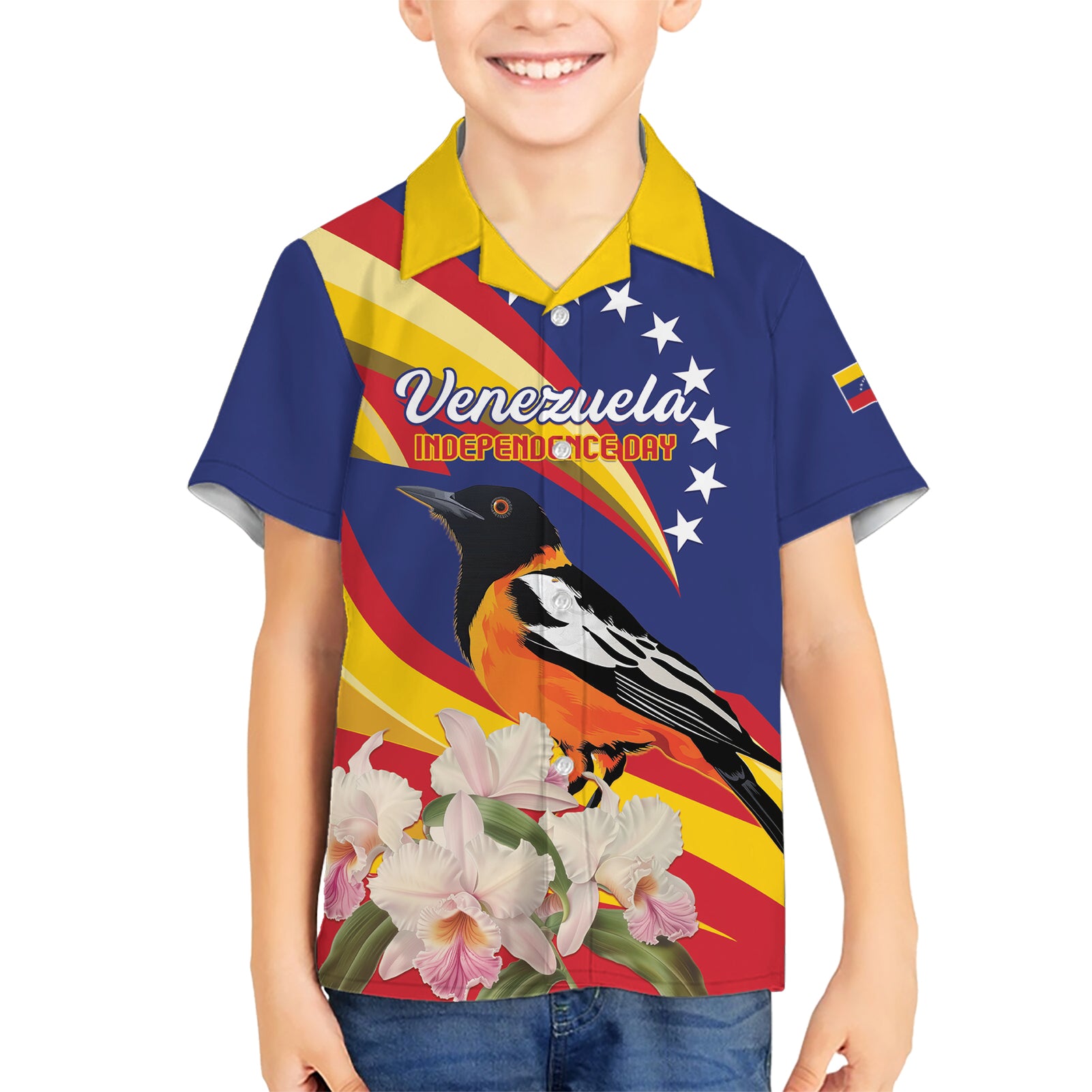 Venezuela Independence Day Kid Hawaiian Shirt Venezuelan Troupial Cattleya Mossiae - Wonder Print Shop